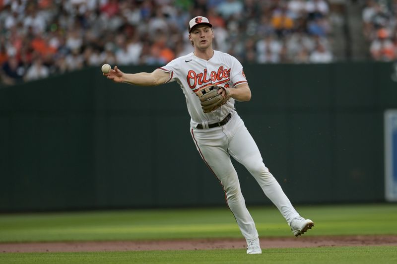 Jul 29, 2023; Baltimore, Maryland, USA;  Baltimore Orioles third baseman Gunnar Henderson (2) throws to first base during the first inning against the New York Yankees at Oriole Park at Camden Yards. Mandatory Credit: Tommy Gilligan-USA TODAY Sports