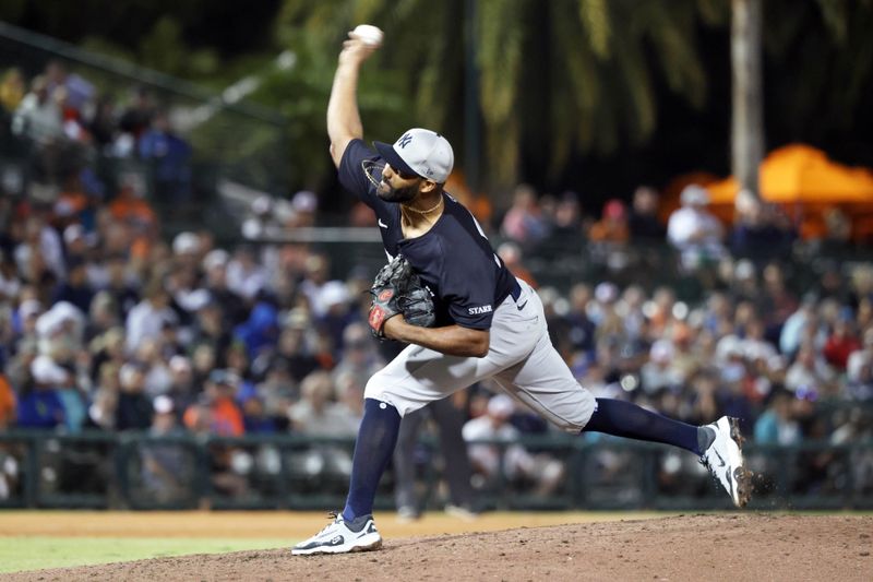 Mar 20, 2025; Sarasota, Florida, USA;  New York Yankees pitcher Wilking Rodriguez (74) throws a pitch during the fifth inning against the Baltimore Orioles at Ed Smith Stadium. Mandatory Credit: Kim Klement Neitzel-Imagn Images