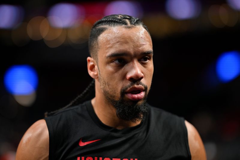 PORTLAND, OREGON - MARCH 08: Dillon Brooks #9 of the Houston Rockets looks on before the game against the Portland Trail Blazers at the Moda Center on March 08, 2024 in Portland, Oregon. NOTE TO USER: User expressly acknowledges and agrees that, by downloading and or using this photograph, User is consenting to the terms and conditions of the Getty Images License Agreement. (Photo by Alika Jenner/Getty Images)