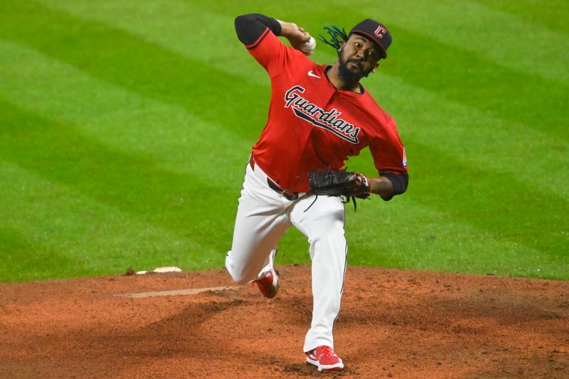 Apr 23, 2024; Cleveland, Ohio, USA; Cleveland Guardians relief pitcher Emmanuel Clase (48) delivers a pitch in the ninth inning against the Boston Red Sox at Progressive Field. Mandatory Credit: David Richard-USA TODAY Sports