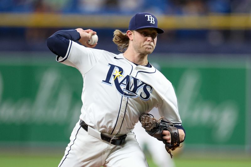 Jul 11, 2024; St. Petersburg, Florida, USA;  Tampa Bay Rays pitcher Shane Baz (11) throws a pitch against the New York Yankees in the first inning at Tropicana Field. Mandatory Credit: Nathan Ray Seebeck-USA TODAY Sports