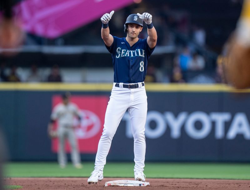 Aug 8, 2023; Seattle, Washington, USA; Seattle Mariners left fielder  Dominic Canzone (8) celebrates after hitting a single during the second inning against the San Diego Padres at T-Mobile Park. Mandatory Credit: Stephen Brashear-USA TODAY Sports