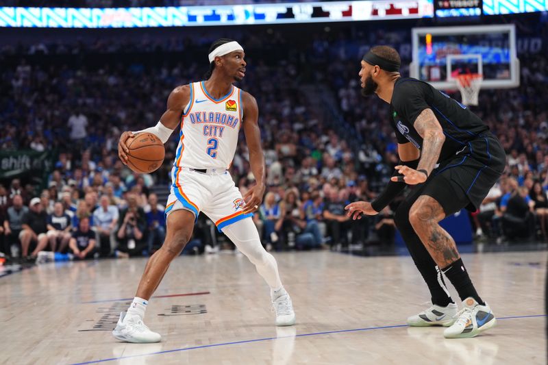 DALLAS, TX - MAY 18: Shai Gilgeous-Alexander #2 of the Oklahoma City Thunder handles the ball during the game against the Dallas Mavericks during Round 2 Game 6 of the 2024 NBA Playoffs on May 18, 2024 at the American Airlines Center in Dallas, Texas. NOTE TO USER: User expressly acknowledges and agrees that, by downloading and or using this photograph, User is consenting to the terms and conditions of the Getty Images License Agreement. Mandatory Copyright Notice: Copyright 2024 NBAE (Photo by Cooper Neill/NBAE via Getty Images)