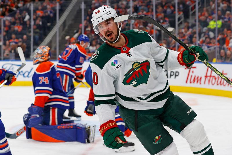 Nov 21, 2024; Edmonton, Alberta, CAN; Minnesota Wild forward Marcus Johansson (90) celebrates his goal during the second period against the Edmonton Oilers at Rogers Place. Mandatory Credit: Perry Nelson-Imagn Images