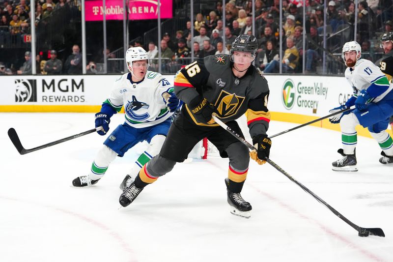 Feb 4, 2026; Las Vegas, Nevada, USA; Vegas Golden Knights right wing Pavel Dorofeyev (16) controls the puck ahead of Vancouver Canucks defenseman Elias Pettersson (25) during the second period at T-Mobile Arena. Mandatory Credit: Stephen R. Sylvanie-Imagn Images