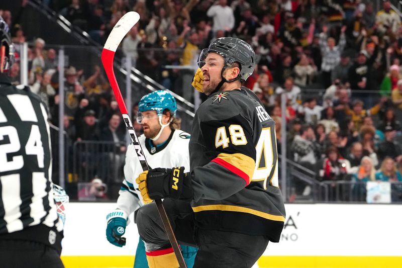Nov 29, 2025; Las Vegas, Nevada, USA; Vegas Golden Knights center Tomas Hertl (48) celebrates after scoring a goal against the San Jose Sharks during the first period at T-Mobile Arena. Mandatory Credit: Stephen R. Sylvanie-Imagn Images