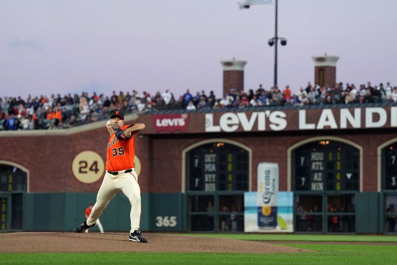 Sep 12, 2025; San Francisco, California, USA; San Francisco Giants starting pitcher Justin Verlander (35) throws a pitch against the Los Angeles Dodgers during the first inning at Oracle Park. Mandatory Credit: Darren Yamashita-Imagn Images