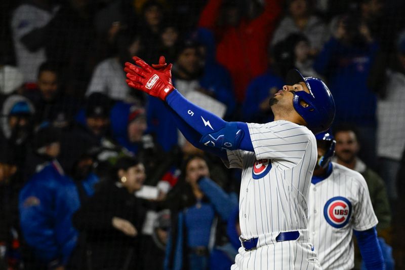 Apr 2, 2024; Chicago, Illinois, USA; Chicago Cubs designated hitter Christopher Morel (5) after hitting a homer run against the Colorado Rockies during the third inning at Wrigley Field. Mandatory Credit: Matt Marton-USA TODAY Sports