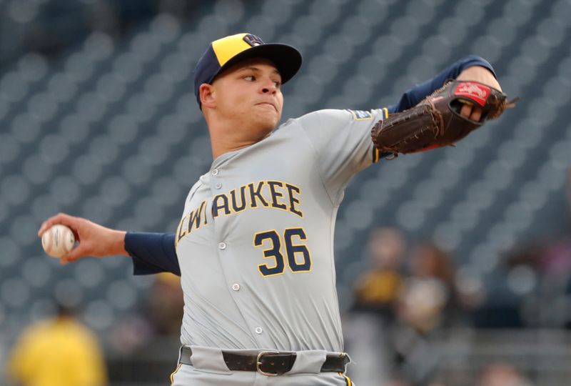 Apr 23, 2024; Pittsburgh, Pennsylvania, USA;  Milwaukee Brewers starting pitcher Tobias Myers (36) delivers a pitch in his major league debut against the Pittsburgh Pirates during the first inning at PNC Park. Mandatory Credit: Charles LeClaire-USA TODAY Sports