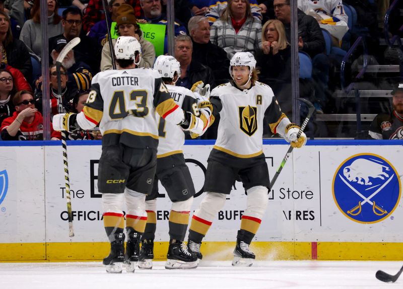 Mar 2, 2024; Buffalo, New York, USA;  Vegas Golden Knights center William Karlsson (71) celebrates his goal with teammates during the second period against the Buffalo Sabres at KeyBank Center. Mandatory Credit: Timothy T. Ludwig-USA TODAY Sports