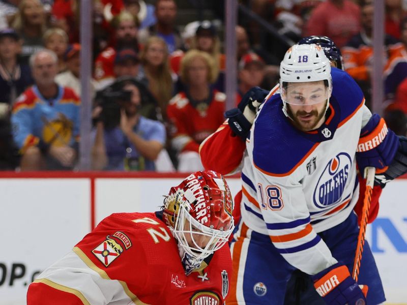Jun 24, 2024; Sunrise, Florida, USA; goaltender Sergei Bobrovsky (72) blocks a shot on net by the Edmonton Oilers during the third period in game seven of the 2024 Stanley Cup Final at Amerant Bank Arena. Mandatory Credit: Sam Navarro-USA TODAY Sports