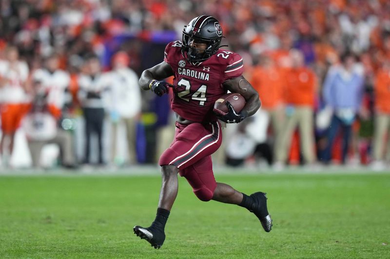 Nov 25, 2023; Columbia, South Carolina, USA; South Carolina Gamecocks running back Mario Anderson (24) runs the ball against the Clemson Tigers in the first half at Williams-Brice Stadium. Mandatory Credit: David Yeazell-USA TODAY Sports