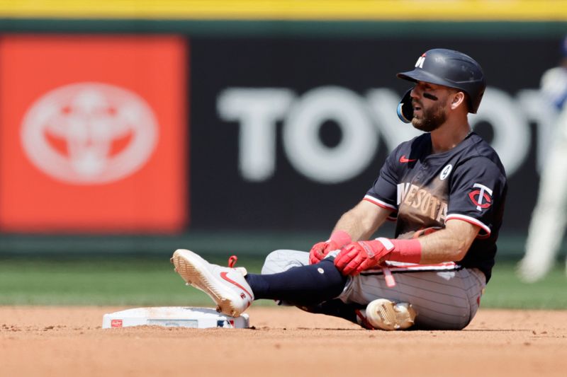 Jun 1, 2025; Seattle, Washington, USA; Minnesota Twins second baseman Kody Clemens (18) sits on second after he was tagged out on a steal attempt during the fourth inning against the Seattle Mariners at T-Mobile Park. Mandatory Credit: John Froschauer-Imagn Images