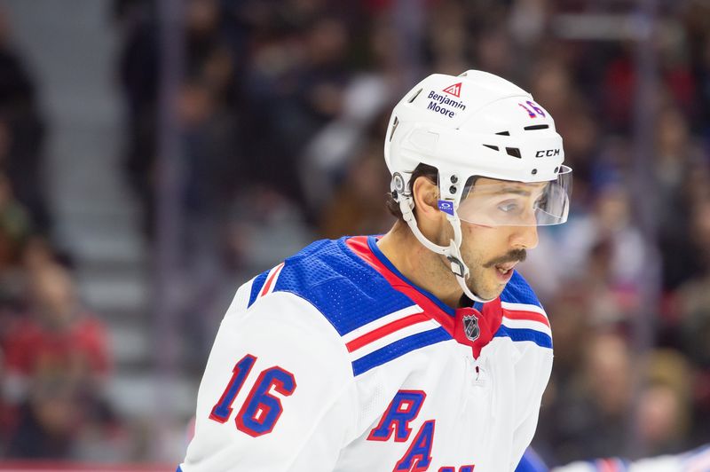 Jan 27, 2024; Ottawa, Ontario, CAN; New York Rangers center Vincent Trochek (16) skates in the first period against the Ottawa Senators at the Canadian Tire Centre. Mandatory Credit: Marc DesRosiers-USA TODAY Sports