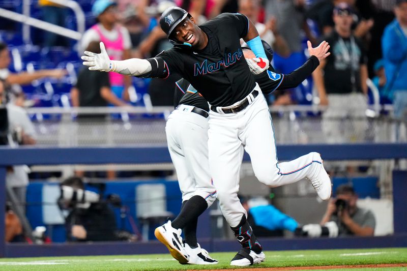 Jun 7, 2023; Miami, Florida, USA; Miami Marlins right fielder Jesus Sanchez (7) celebrates hitting a three run home run against the Kansas City Royals during the third inning at loanDepot Park. Mandatory Credit: Rich Storry-USA TODAY Sports