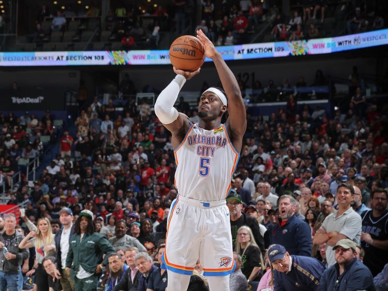 NEW ORLEANS, LA - MARCH 26: Luguentz Dort #5 of the Oklahoma City Thunder shoots a 3-point basket during the game  on March 26, 2024 at the Smoothie King Center in New Orleans, Louisiana. NOTE TO USER: User expressly acknowledges and agrees that, by downloading and or using this Photograph, user is consenting to the terms and conditions of the Getty Images License Agreement. Mandatory Copyright Notice: Copyright 2024 NBAE (Photo by Jonathan Bachman/NBAE via Getty Images)