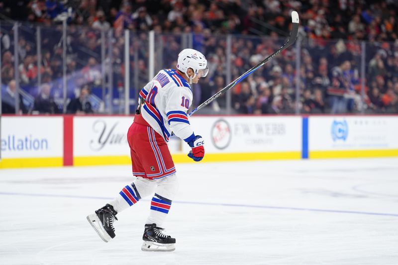 Jan 17, 2026; Philadelphia, Pennsylvania, USA; New York Rangers right wing Artemi Panarin (10) reacts after scoring a goal against the Philadelphia Flyers in the first period at Xfinity Mobile Arena. Mandatory Credit: Kyle Ross-Imagn Images
