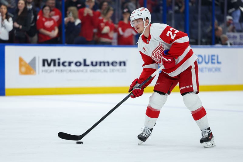 Jan 18, 2025; Tampa, Florida, USA; Detroit Red Wings left wing Lucas Raymond (23) warms up before a game against the Tampa Bay Lightning at Amalie Arena. Mandatory Credit: Nathan Ray Seebeck-Imagn Images