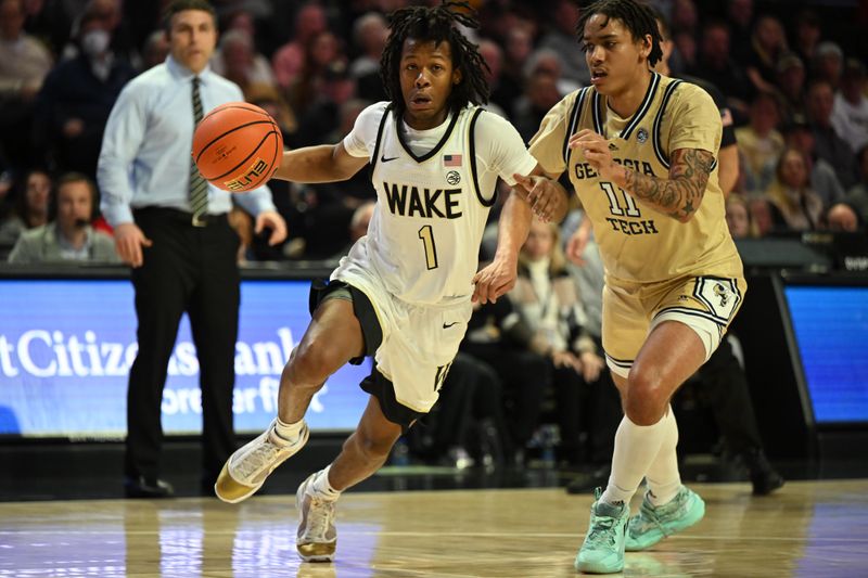 Feb 11, 2023; Winston-Salem, North Carolina, USA; Wake Forest Demon Deacons guard Tyree Appleby (1) drives around Georgia Tech Yellow Jackets guard Tristan Maxwell (11) during the first half at Lawrence Joel Veterans Memorial Coliseum. Mandatory Credit: William Howard-USA TODAY Sports