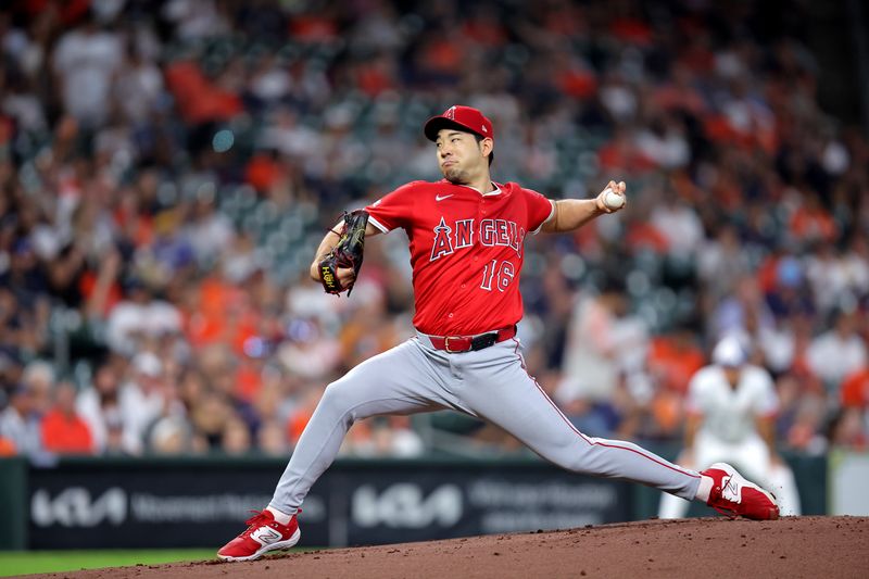 Sep 1, 2025; Houston, Texas, USA; Los Angeles Angels starting pitcher Yusei Kikuchi (16) delivers a pitch against the Houston Astros during the first inning at Daikin Park. Mandatory Credit: Erik Williams-Imagn Images