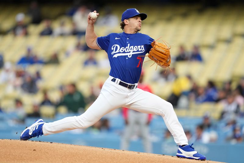 Mar 25, 2024; Los Angeles, California, USA; Los Angeles Dodgers starting pitcher Gavin Stone (71) throws in the first inning against the Los Angeles Angels at Dodger Stadium. Mandatory Credit: Kirby Lee-USA TODAY Sports