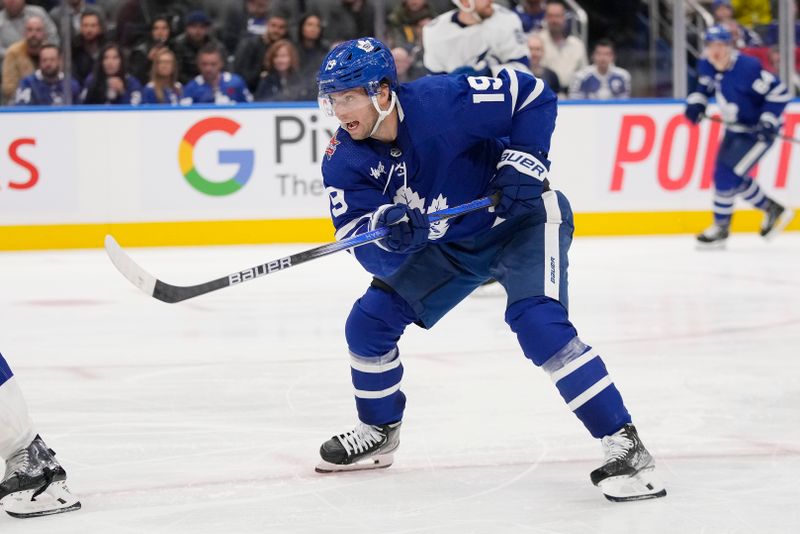 Nov 6, 2023; Toronto, Ontario, CAN; Toronto Maple Leafs forward Calle Jarnkrok (19) skates towards the Tampa Bay Lightning goal during the third period at Scotiabank Arena. Mandatory Credit: John E. Sokolowski-USA TODAY Sports