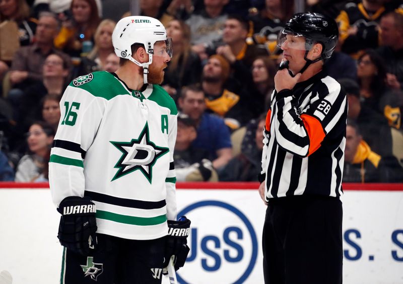 Oct 24, 2023; Pittsburgh, Pennsylvania, USA; Dallas Stars center Joe Pavelski (16) talks with referee Chris Lee (28) against the Pittsburgh Penguins during the second period at PPG Paints Arena. Mandatory Credit: Charles LeClaire-USA TODAY Sports