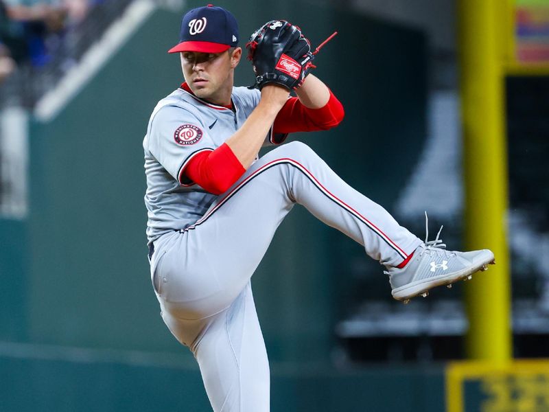 Apr 30, 2024; Arlington, Texas, USA;  Washington Nationals starting pitcher MacKenzie Gore (1) throws during the first inning against the Texas Rangers at Globe Life Field. Mandatory Credit: Kevin Jairaj-USA TODAY Sports