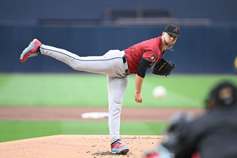 Jun 6, 2024; San Diego, California, USA; Arizona Diamondbacks starting pitcher Slade Cecconi (43) delivers during the first inning against the San Diego Padres at Petco Park. Mandatory Credit: Denis Poroy-USA TODAY Sports at Petco Park. 