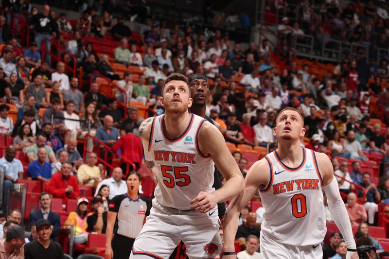 MIAMI, FL - APRIL 2: Isaiah Hartenstein #55 of the New York Knicks waits for a rebound during the game against the Miami Heat on April 2, 2024 at Kaseya Center in Miami, Florida. NOTE TO USER: User expressly acknowledges and agrees that, by downloading and or using this Photograph, user is consenting to the terms and conditions of the Getty Images License Agreement. Mandatory Copyright Notice: Copyright 2024 NBAE (Photo by Issac Baldizon/NBAE via Getty Images)