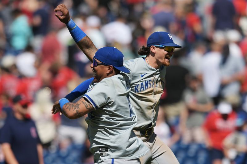 Jun 6, 2024; Cleveland, Ohio, USA; Kansas City Royals designated hitter Salvador Perez (13) and shortstop Bobby Witt Jr. (7) celebrate after the Royals beat the Cleveland Guardians at Progressive Field. Mandatory Credit: Ken Blaze-USA TODAY Sports