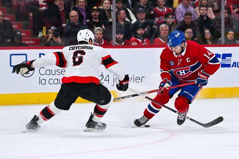 Jan 23, 2024; Montreal, Quebec, CAN; Montreal Canadiens center Nick Suzuki (14) plays the puck against Ottawa Senators defenseman Jakob Chychrun (6) during the second period at Bell Centre. Mandatory Credit: David Kirouac-USA TODAY Sports