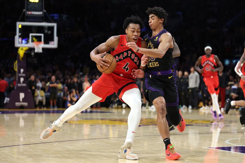 LOS ANGELES, CALIFORNIA - JANUARY 09: Scottie Barnes #4 of the Toronto Raptors dribbles into the defense of Max Christie #10 of the Los Angeles Lakers during the second half of a game at Crypto.com Arena on January 09, 2024 in Los Angeles, California.  NOTE TO USER: User expressly acknowledges and agrees that, by downloading and or using this photograph, User is consenting to the terms and conditions of the Getty Images License Agreement. (Photo by Sean M. Haffey/Getty Images)