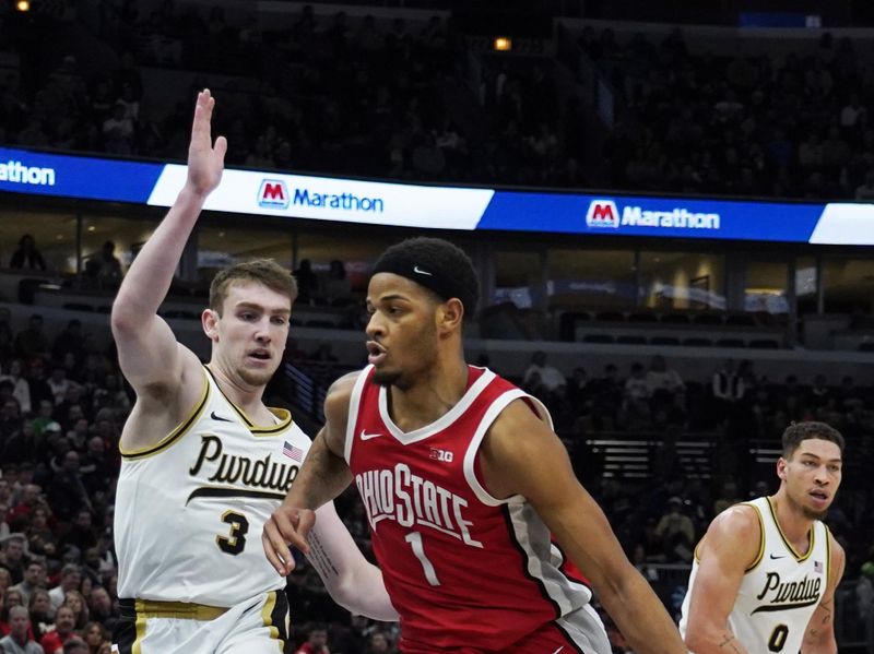 Mar 11, 2023; Chicago, IL, USA; Ohio State Buckeyes guard Roddy Gayle Jr. (1) drives on Purdue Boilermakers guard Braden Smith (3) during the second half at United Center. Mandatory Credit: David Banks-USA TODAY Sports