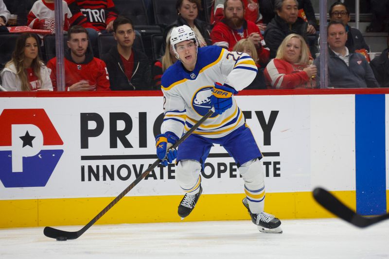 Nov 2, 2024; Detroit, Michigan, USA; Buffalo Sabres right wing Jack Quinn (22) handles the puck during the first period of the game against the Detroit Red Wings at Little Caesars Arena. Mandatory Credit: Brian Bradshaw Sevald-Imagn Images