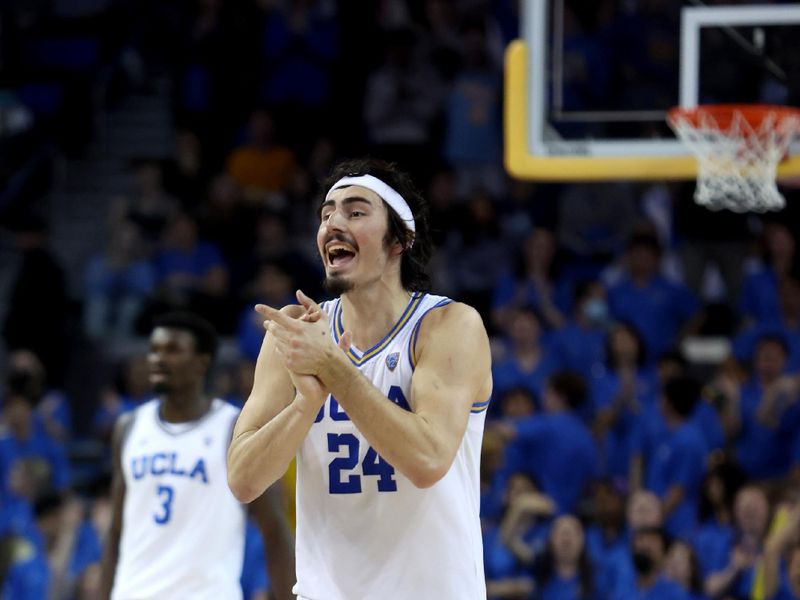 Jan 14, 2023; Los Angeles, California, USA;  UCLA Bruins guard Jaime Jaquez Jr. (24) reacts to a play during the second half against the Colorado Buffaloes at Pauley Pavilion presented by Wescom. Mandatory Credit: Kiyoshi Mio-USA TODAY Sports