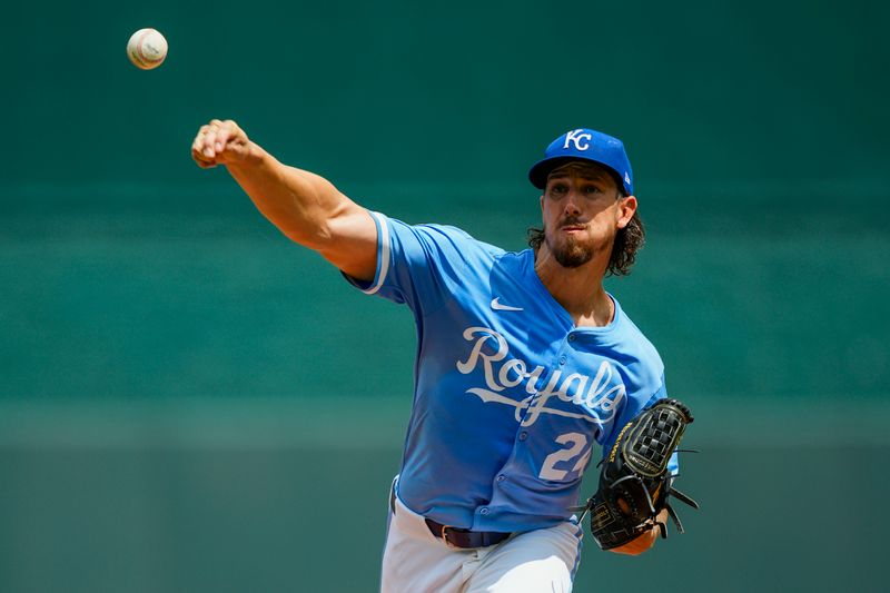 Aug 21, 2025; Kansas City, Missouri, USA; Kansas City Royals starting pitcher Michael Lorenzen (24) pitches during the first inning against the Texas Rangers at Kauffman Stadium. Mandatory Credit: Jay Biggerstaff-Imagn Images