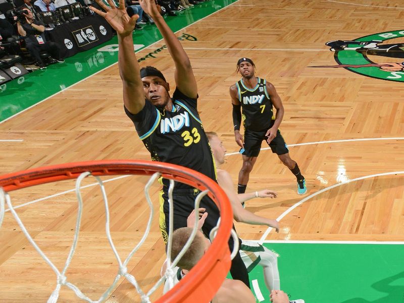 BOSTON, MA - JANUARY 30: Myles Turner #33 of the Indiana Pacers shoots the ball during the game against the Boston Celtics on January 30, 2024 at the TD Garden in Boston, Massachusetts. NOTE TO USER: User expressly acknowledges and agrees that, by downloading and or using this photograph, User is consenting to the terms and conditions of the Getty Images License Agreement. Mandatory Copyright Notice: Copyright 2024 NBAE  (Photo by Brian Babineau/NBAE via Getty Images)