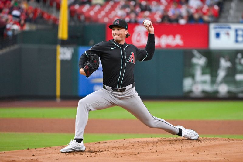 Apr 23, 2024; St. Louis, Missouri, USA;  Arizona Diamondbacks starting pitcher Tommy Henry (47) pitches against the St. Louis Cardinals during the first inning at Busch Stadium. Mandatory Credit: Jeff Curry-USA TODAY Sports