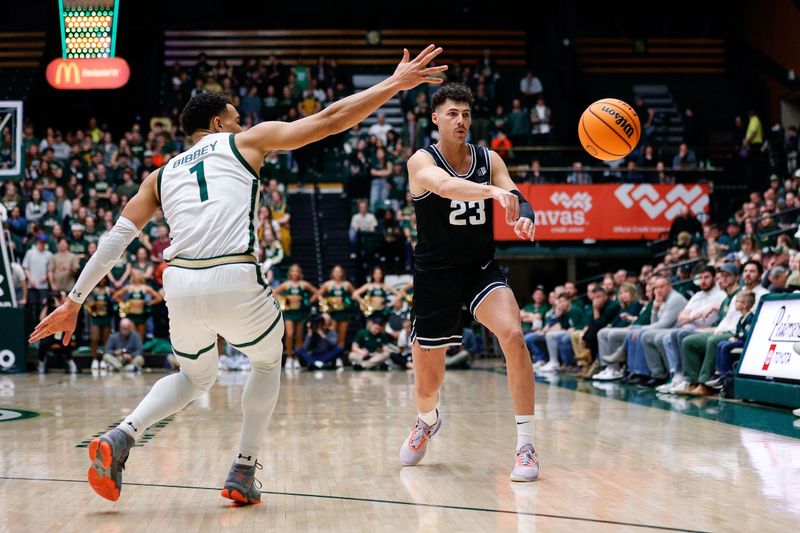 Feb 4, 2023; Fort Collins, Colorado, USA; Utah State Aggies forward Taylor Funk (23) passes the ball as Colorado State Rams guard John Tonje (1) defends in the first half at Moby Arena. Mandatory Credit: Isaiah J. Downing-USA TODAY Sports