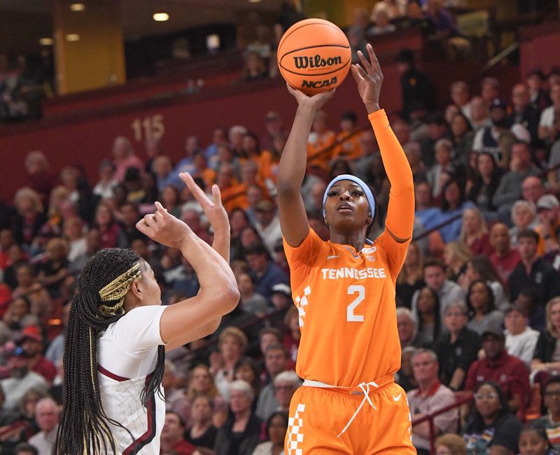 Mar 5, 2023; Greenville, SC, USA; Tennessee forward Rickea Jackson (2) shoots the ball over South Carolina forward Victaria Saxton (5) during the first quarter of the SEC Women's Basketball Tournament at Bon Secours Wellness Arena. Mandatory Credit: Ken Ruinard-USA TODAY Sports