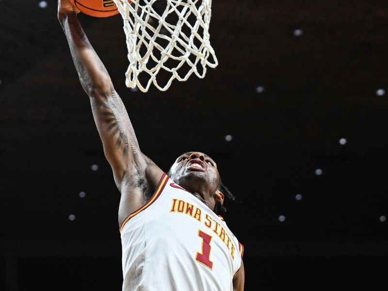 Mar 7, 2026; Ames, Iowa, USA; Iowa State Cyclones guard Jamarion Batemon (1) goes to the basket against the Arizona State Sun Devils during the first half at James H. Hilton Coliseum. Mandatory Credit: Jeffrey Becker-Imagn Images