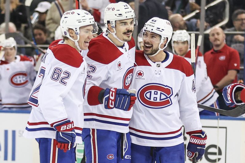 Dec 13, 2025; New York, New York, USA;  Montréal Canadiens defenseman Arber Xhekaj (72) celebrates with his teammates after scoring a goal  in the first period against the New York Rangers at Madison Square Garden. Mandatory Credit: Wendell Cruz-Imagn Images