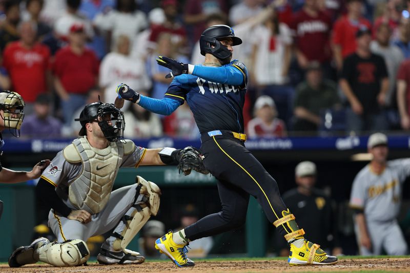 May 16, 2025; Philadelphia, Pennsylvania, USA; Philadelphia Phillies first base Bryce Harper (3) hits an RBI single during the eighth inning against the Pittsburgh Pirates at Citizens Bank Park. Mandatory Credit: Bill Streicher-Imagn Images