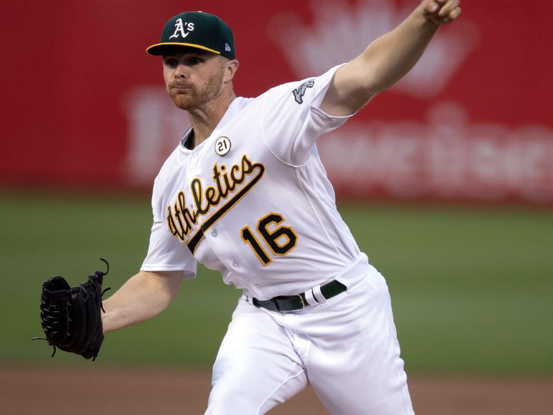 Sep 15, 2023; Oakland, California, USA; Oakland Athletics starting pitcher Sean Newcomb (16) delivers a pitch against the San Diego Padres during the first inning at Oakland-Alameda County Coliseum. Mandatory Credit: D. Ross Cameron-USA TODAY Sports