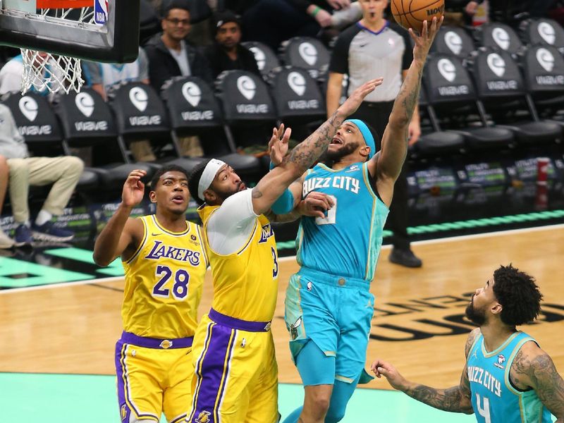 CHARLOTTE, NC - FEBRUARY 5: Miles Bridges #0 of the Charlotte Hornets drives to the basket during the game against the Los Angeles Lakers on February 5, 2024 at Spectrum Center in Charlotte, North Carolina. NOTE TO USER: User expressly acknowledges and agrees that, by downloading and or using this photograph, User is consenting to the terms and conditions of the Getty Images License Agreement. Mandatory Copyright Notice: Copyright 2024 NBAE (Photo by Kent Smith/NBAE via Getty Images)