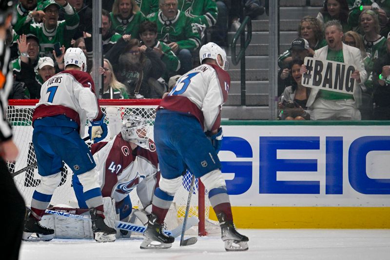 May 9, 2024; Dallas, Texas, USA; Colorado Avalanche goaltender Alexandar Georgiev (40) reacts to giving up a power play goal to Dallas Stars defenseman Miro Heiskanen (not pictured) during the first period in game two of the second round of the 2024 Stanley Cup Playoffs at American Airlines Center. Mandatory Credit: Jerome Miron-USA TODAY Sports