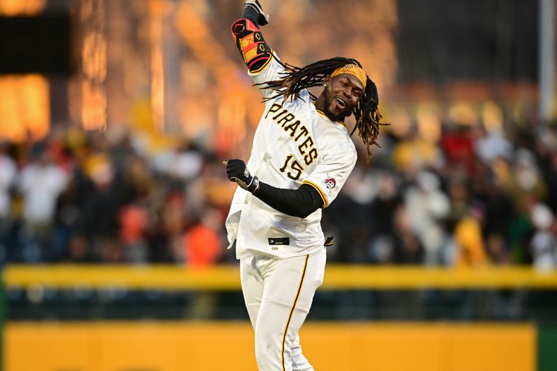 Apr 6, 2024; Pittsburgh, Pennsylvania, USA; Pittsburgh Pirates shortstop Oneil Cruz (15) celebrates after hitting a game winning walk off single during the eleventh inning against the Baltimore Orioles at PNC Park. Mandatory Credit: David Dermer-USA TODAY Sports