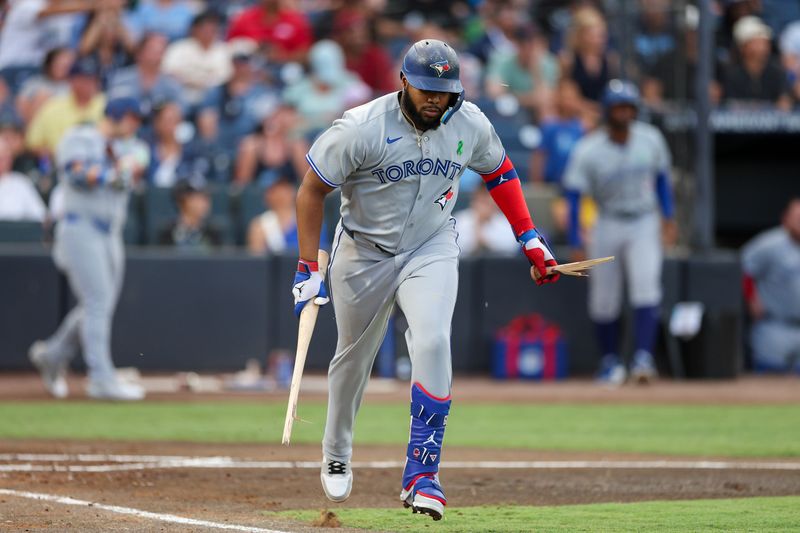 May 24, 2025; Tampa, Florida, USA; Toronto Blue Jays first baseman Vladimir Guerrero Jr. (27) breaks his bat over his knee against the Tampa Bay Rays in the third inning at George M. Steinbrenner Field. Mandatory Credit: Nathan Ray Seebeck-Imagn Images