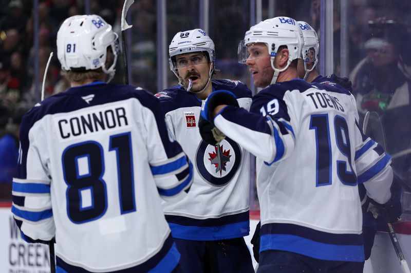 Jan 15, 2026; Saint Paul, Minnesota, USA; Winnipeg Jets center Gabriel Vilardi (13) celebrates his goal against the Minnesota Wild during the second period at Grand Casino Arena. Mandatory Credit: Matt Krohn-Imagn Images